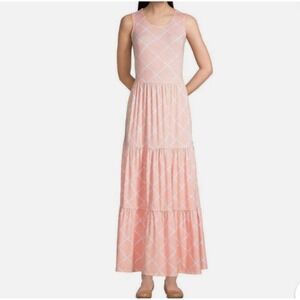 Lands' End Sleeveless Maxi Tiered Dress Peach Cotton Jersey Knit Beach Sz Medium